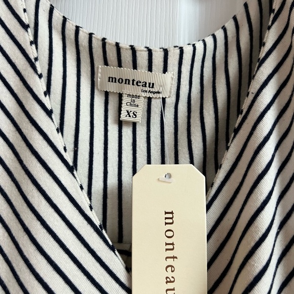 MONTEAU LOS ANGELES Nautical Dress Tie Waist A-Line Casual Blue Stripe X-Small - Picture 3 of 4